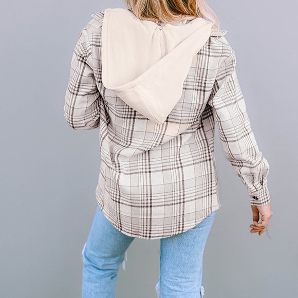 Khaki Plaid Removable Hood Buttoned Shacket/Hooded Top NWOT - Picture 5 of 15